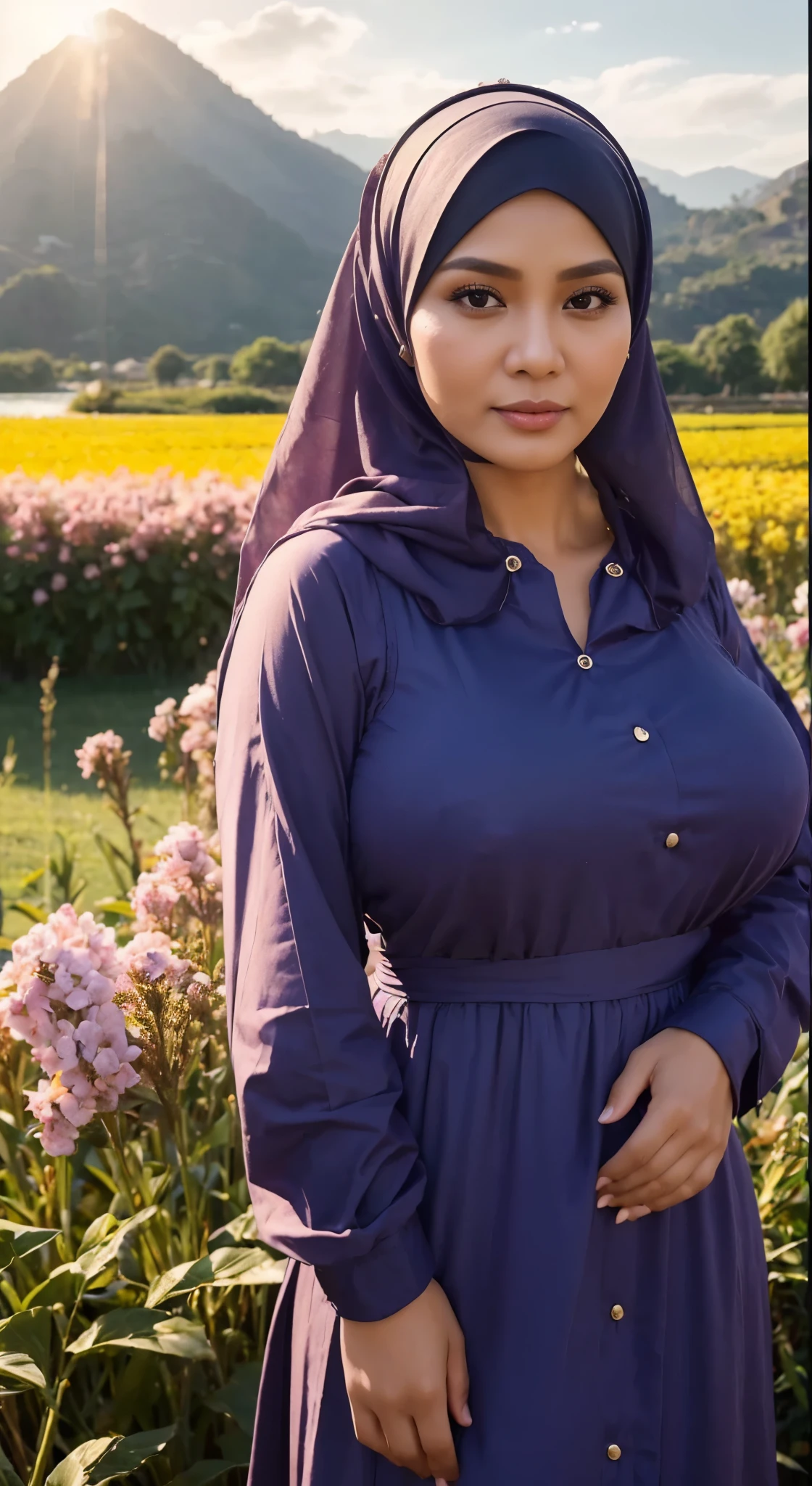 (Best quality, 8k, masterpiece: 1.3), 33 Years old, a hijab Indonesian milf woman with perfect figure: 1.4, dark brown hair, wearing a pendant, wearing an apron, in the kitchen, highly detailed face and skin, detailed eyes, double eyelids, big breasts, standing near kitchen table, full body