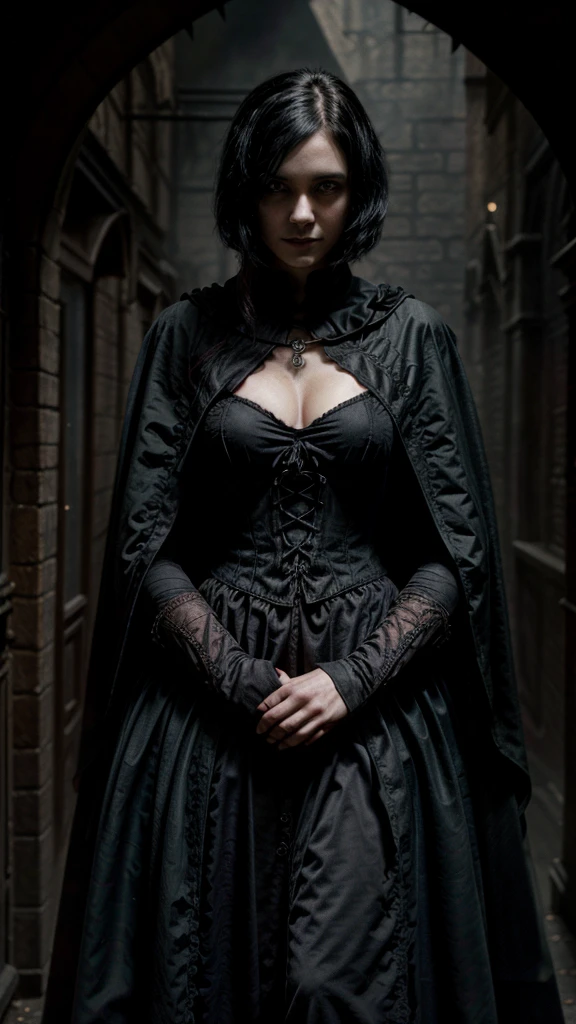 Gothic, vampires, black cloaks, 18th century London, black hair, young face, smile, famous character, high detail of objects, gloomy environment, horror style, good detail of body and hands, full height, high detail 2k,sword in right hand