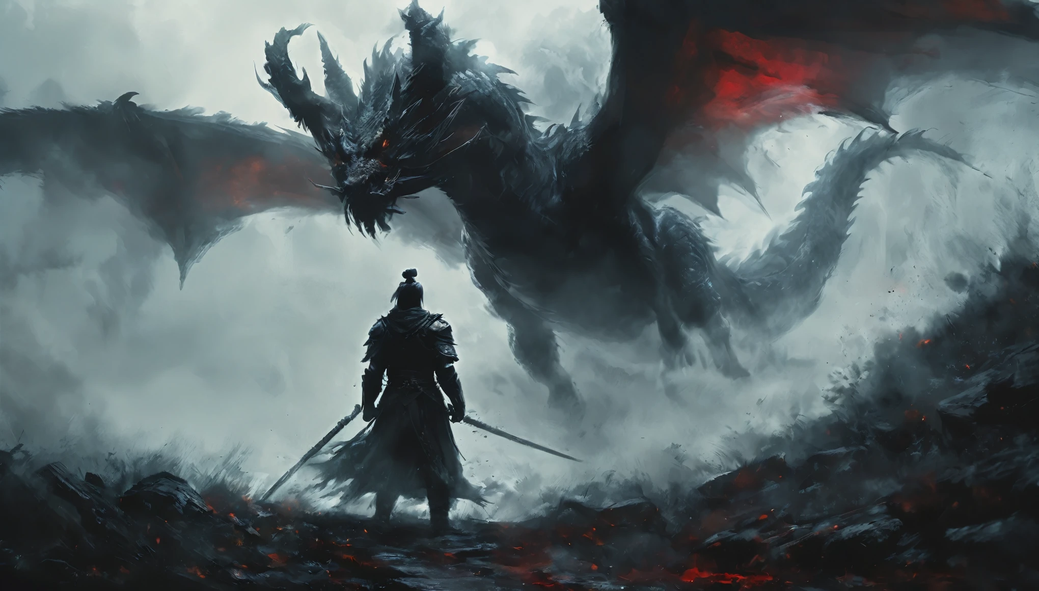 a warrior wearing black armor, helmet, and blood-stained, muscular male figure standing alone, dramatic lighting, dark moody atmosphere, highly detailed, cinematic, epic, concept art style,The elusive giant dragon in the mist,The dragon gazed at the man,In the misty distance, there is still a church