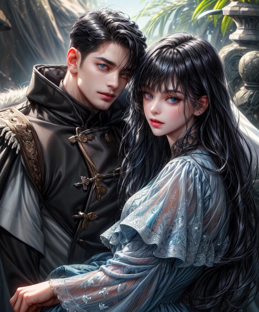 (absurdly , high quality , masterpiece , ultra detailed), ( detailed to hand ) (detailed to eyes) (detailed to face) , couples, 1 man (short black Quiff hair with Soft Fringe, bangs part on side 3:7 ratio) and 1 woman (short black hair with fringe) love ,pretty eyes (blue eyes) , black hair, fantasy, detailed background, soft light