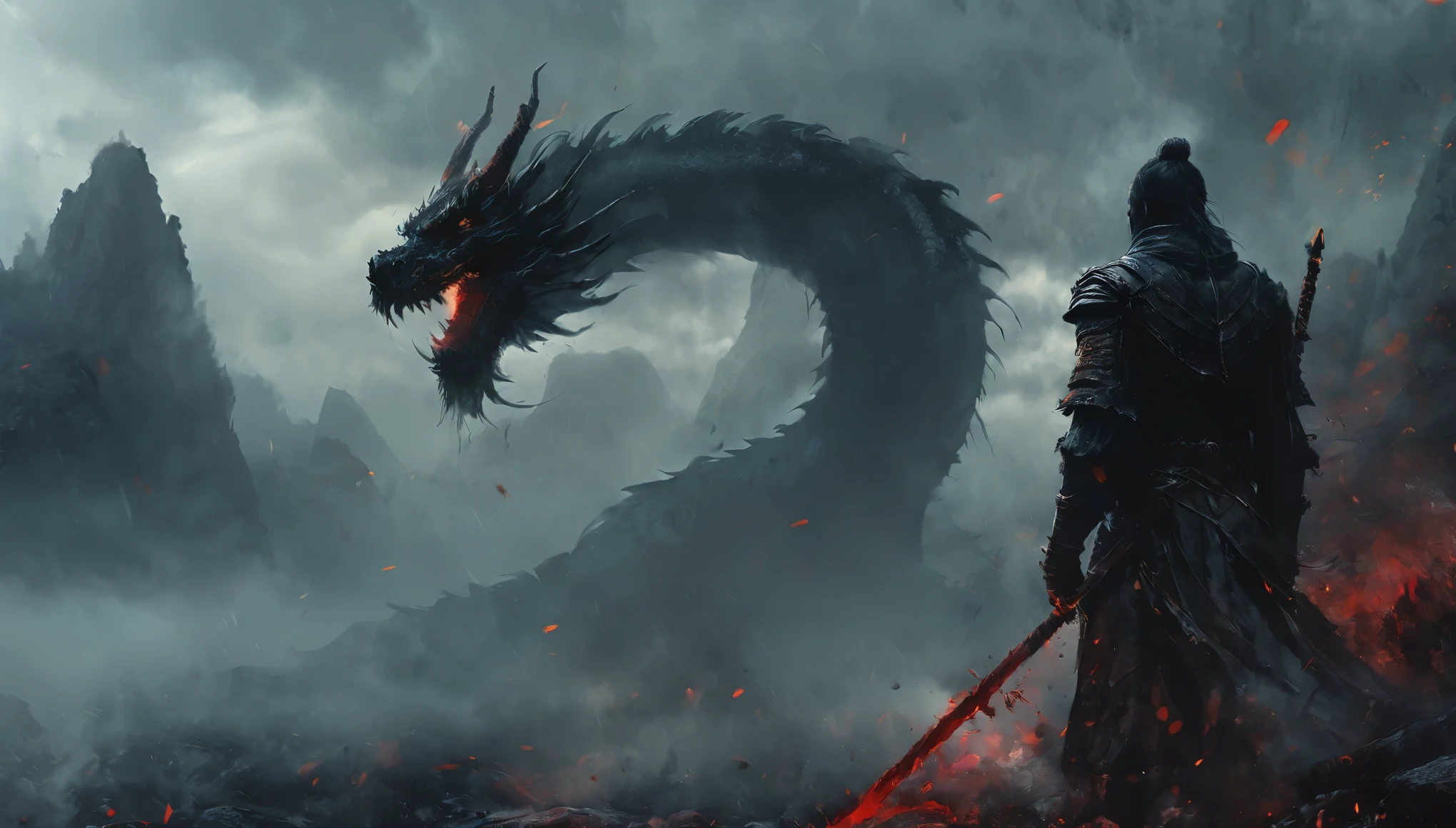 a warrior wearing black armor, helmet, and blood-stained, muscular male figure standing alone, dramatic lighting, dark moody atmosphere, highly detailed, cinematic, epic, concept art style,The elusive giant dragon in the mist,The dragon gazed at the man,In the misty distance, there is still a church