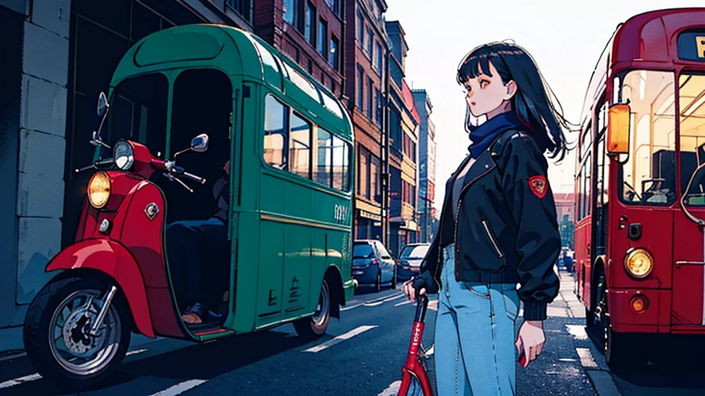 scooter, Stunningly beautiful dark-haired Asian girl, Denim pants、Black jacket、scarf、A red bus passing nearby, Perfect Face, Black jacket, Neon Black, (Backlit: 1.1), Three-dimensional shadows, masterpiece, Highest quality, complicated, Model shooting style, Vintage, Film Grain, Incomplete details、Natural Body、profile、Photo taken from a distance