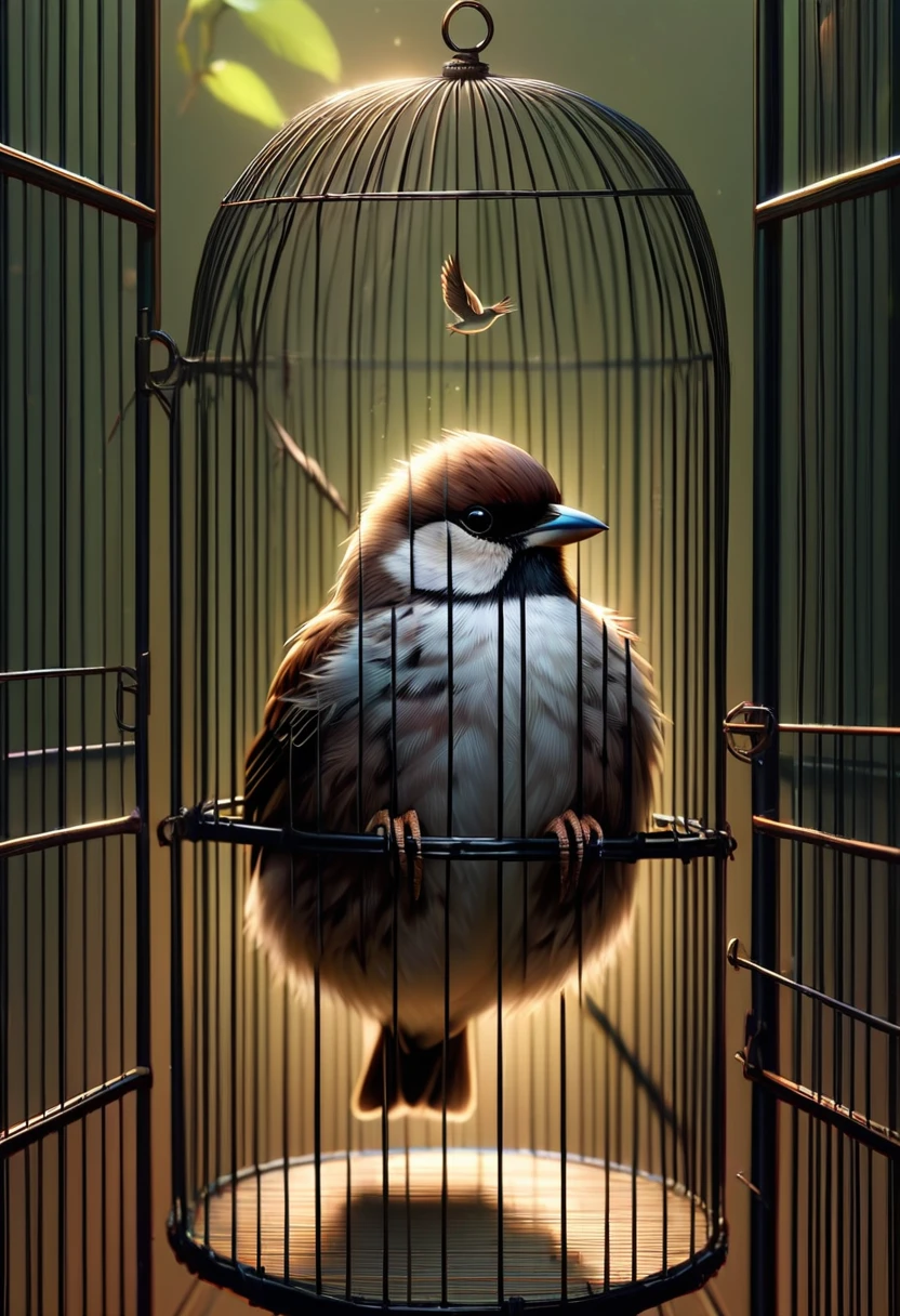 chubby body , shorth hair , with little sparrow bird trapped in the cage