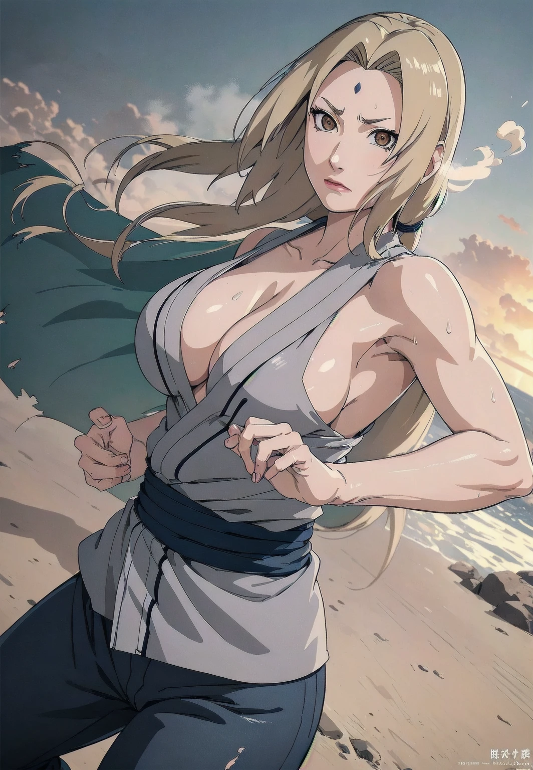 (masterpiece, highest quality:1.2), alone, One Girl, Tsunade Defense, Forehead mark, View your audience、((Battle Scenes、Fighting Pose、Sweat、sand smoke、Rocky area、wood、Navy blue pants、No sleeve、Torn clothes、Large areola、chest))、Beautiful girl with beautiful details, Professional photography illumination, Highly detailed eyes and face, Beautiful eyes in every detail、Beautiful detailed hair, Beautiful and exquisite cold face、アニメ、((No sleeve、Armpit))