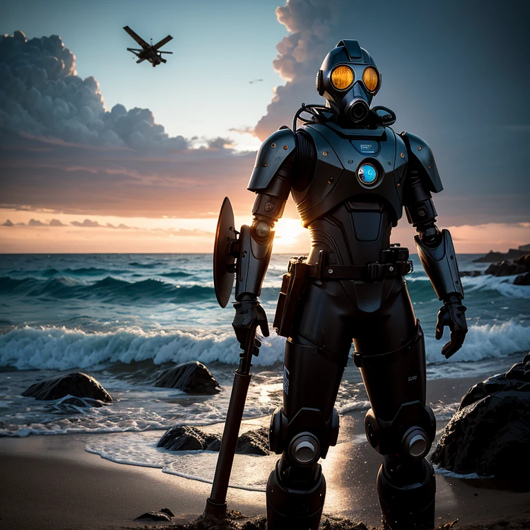 A male robot stands against the background of the seashore, sea waves, surf. He is wearing an old raincoat with a belt, a gas mask and boots on his head. Alien ships are flying in the sky. The best quality, high resolution, ultra-detailed images. A post-apocalyptic atmosphere. Torn clothes, rusty metal. Cinematic effect, soft light, soft shadows.