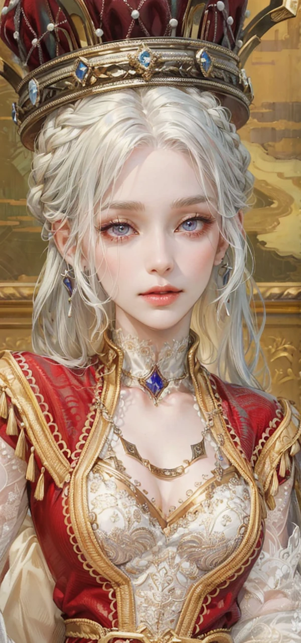 (masterpiece, top quality, best quality, official art, enchanting and aesthetic:1.2), 1female, white silver hair, royal braided hair, violet eyes, white and red dress, red and gold jewelry, high quality details, 4k eyes, white hair, silver white hair, long hair