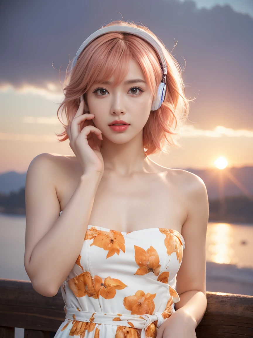 Top Quality, Masterpiece, Super High Resolution, (Actual:1.3), Original Photo, (Nature Photography), (Magnificent mountaintop, Sea of clouds), (Very wide mountain top), (Sunset), (Girl), (Upper body), (Natural Light: 1.0), (Side View: 0.0), (Cowboy Shot: 0.0), (upper body: 1.8), (Close-up: 0.8), Portrait, Cinematic Lighting, Glow, Ray tracing, reflected light, f135mm, UHD, accurate, skin texture, super detail, great detail, high quality, highest quality, 8k, (surrealism: 1.2), BREAK, (Japanese: 1.3), (25 years old: 1.0), (Small breasts: 1.5), (Long, large, slit eyes: 1.8), (Realistic eyes: 1.8), (Height at 160cm: 1.2) , a little fat, (Transparent white skin: 1.2), (Short curly bright pink hair with bangs: 1.3), (Deep eyeshadow makeup: 1.4), BREAK, (Correct hand: 1.6), (Correct fingertips: 1.6), Sexy pose, (Place hand near cheek: 1.8), BREAK, (Big white headphones: 1.4), (Wearing an orange and white printed strapless dress: 1.3), BREAK, seagull