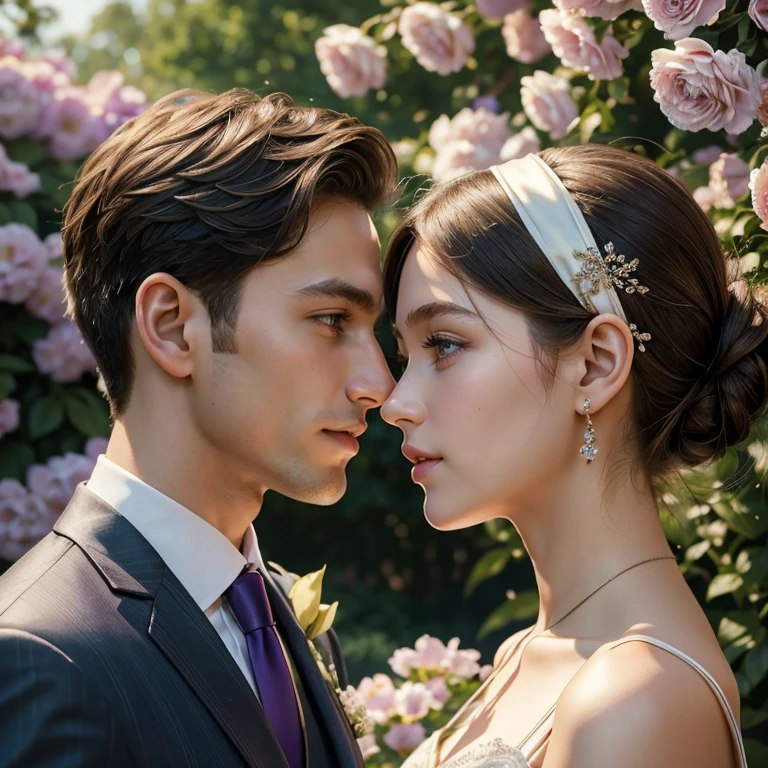 (​masterpiece, best quality:1.5), highest quality, High resolution, super detailed, Realists, Upper body photo of a red-haired flower girl and a boy in a suit, detailed and beautiful eyes, beautiful detailed lips, very detailed eyes and face, longeyelashes, Young girl in a short dress made of shiny purple satin fabric, Beautiful and colorful makeup, elegant and noble々Pose,shiny satin headband, grind, Holding flowers, Gardens as background, soft daylight, bright colors, fine brushstrokes, Portrait style, Noble details in the dress fabric, beautiful color palette, glowing skin, First-class rendering, that captures every detail, enchanting atmosphere, subtle shadows and lights, (perfect anatomy:1.2), (The stunning flower girl is in love with a boy in a grey suit. Exchanging glances. First kiss. Grabs the breasts (magnificent panorama view:1.2)