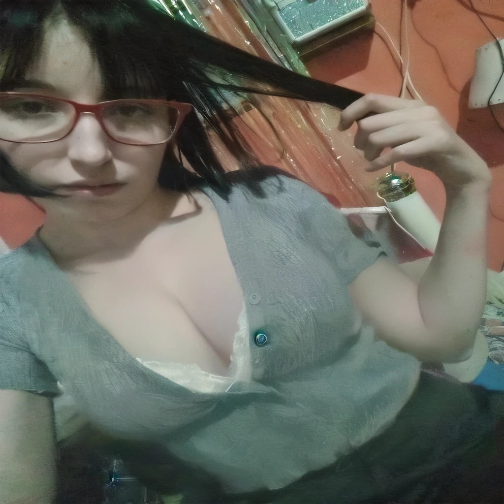 A slutty 18 year old school girl titty fucking a penis, penis in between breasts, titty fuck, penis sliding in between breasts, pigtails, piercings, glasses, looking at me, pain, agony, smoking cigarettes, the cigarette ash is growing very long, 