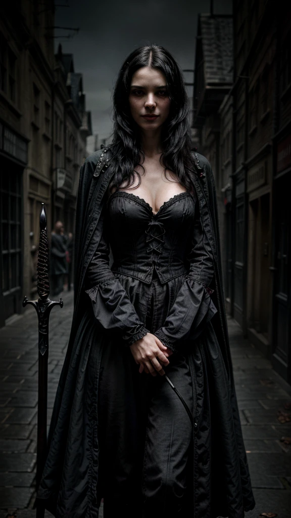 vampires, black cloaks, 18th century London, black hair, young face, smile, famous character, high detail of objects, gloomy environment, horror style, good detail of body and hands, full height, high detail 2k,sword in right hand