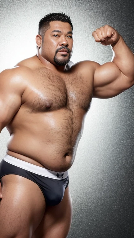 black hair, middle-aged man, individual, male, Muscular wrestler, muscular, Stout wrestler, Asian, Japanese, uncle, 55 year old middle-aged man, short hair, short hair, white wrestling boots, full body portrait, shadow, Vision, white briefs, obesity, 45 years old, short beard, middle-aged man, tattoo, fingerless gloves, Wheat skin, shiny skin, dark skin, Show your pectoral muscles, sumo wrestler, bodybuilder, wide temples, Visible abdominal muscles, Smile, Fine hands, solid color background, pure white background, Surrealism, Panorama, 8k, super detail,