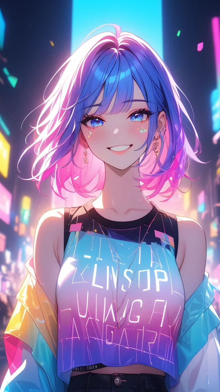 masterpiece,bestquality,superwideangle,fingeraudience,1girl,pinkandbluehair,hand,cuteanimeface,tears,masterpiece,transparentcolorPVCclothing,transparentcolorvinylclothing,wholebody,glitchlump}onface,smile,mediumhair,filmgrain,lens_flare,colorful,chromaticaberration,dynamicpov,closedmouth,Intenseemotionalexpression:death,glitchart,ultra-detailed,extremelydelicateandbeautiful,albumcover,album,albumdescription,Pixilationonface,Doubleexposure,ChromaticAberration,Lightleaks,Noiseandgrain,Colordegradation,Glitchlettering,art,abstractart,geometry,clearlines,squares,bright,limitedpalette,{canonicalcomposition},neatdiagonalstripedbackground,{{bluewithwhitestripedbackground}},{limitedpalette},flatcolored,blueandwhite,