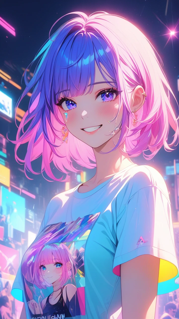 masterpiece,bestquality,superwideangle,fingeraudience,1girl,pinkandbluehair,hand,cuteanimeface,tears,masterpiece,transparentcolorPVCclothing,transparentcolorvinylclothing,wholebody,glitchlump}onface,smile,mediumhair,filmgrain,lens_flare,colorful,chromaticaberration,dynamicpov,closedmouth,Intenseemotionalexpression:death,glitchart,ultra-detailed,extremelydelicateandbeautiful,albumcover,album,albumdescription,Pixilationonface,Doubleexposure,ChromaticAberration,Lightleaks,Noiseandgrain,Colordegradation,Glitchlettering,art,abstractart,geometry,clearlines,squares,bright,limitedpalette,{canonicalcomposition},neatdiagonalstripedbackground,{{bluewithwhitestripedbackground}},{limitedpalette},flatcolored,blueandwhite,