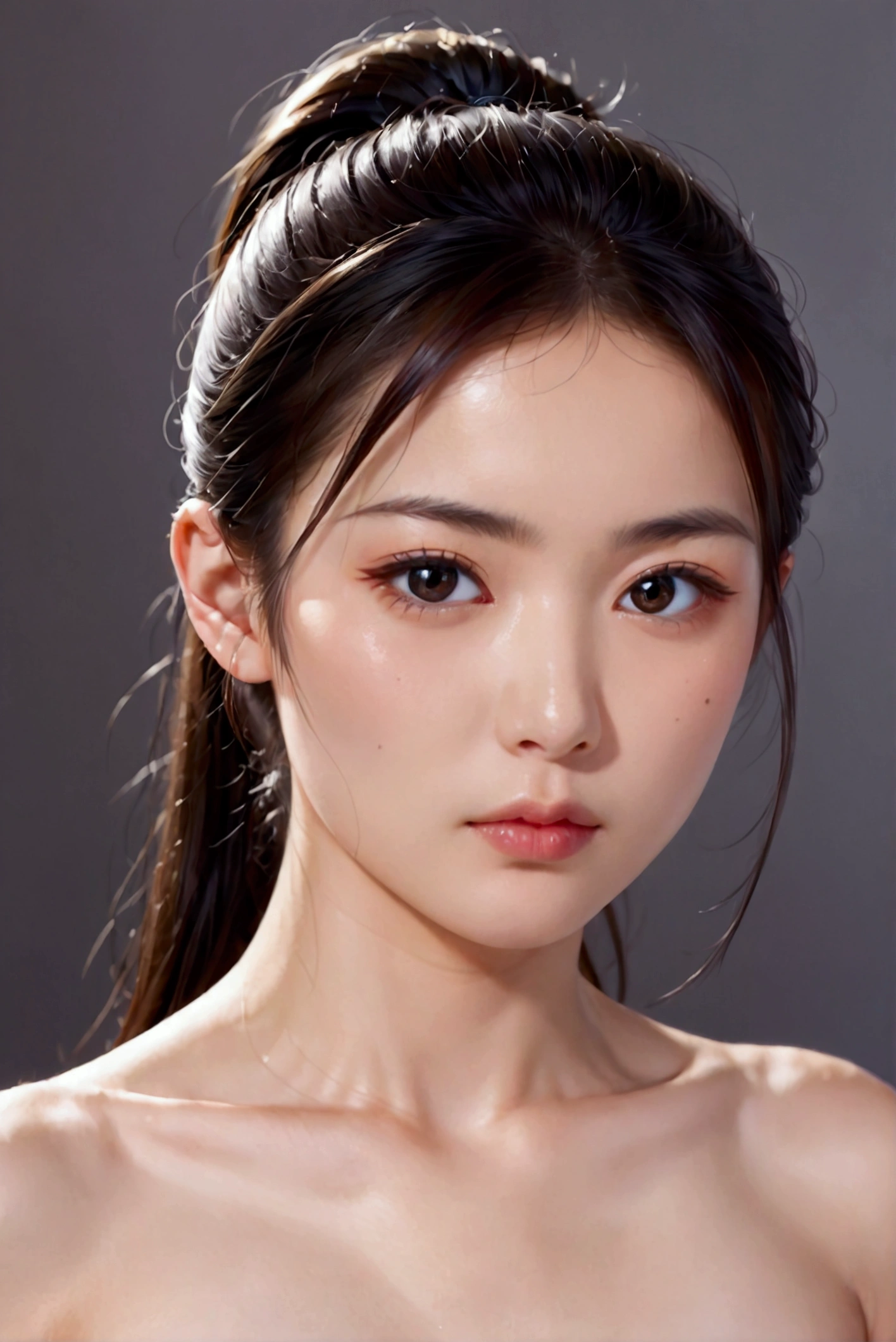 I want an image of a 23-year-old Asian woman with a ponytail, beautiful face, small chest, and double eyelids.