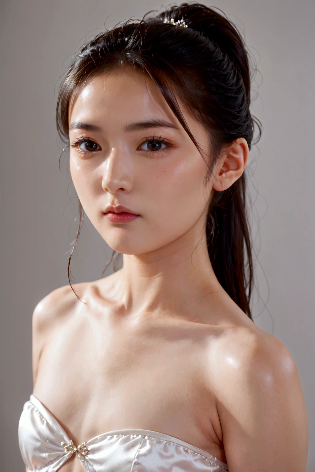 I want an image of a 23-year-old Asian woman with a ponytail, beautiful face, small chest, and double eyelids.