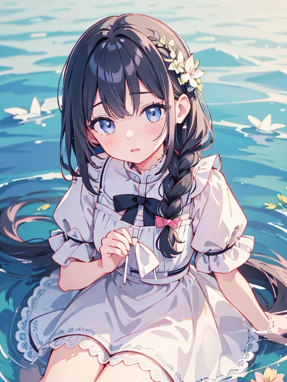 Highly detailed illustration、Very delicate and beautiful、Highest quality、Detailed face and eyes、Eye highlights、Sit in the water、White dress、A girl with braided black hair getting her skirt wet