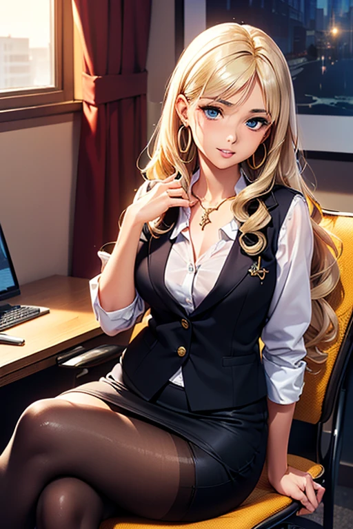 #Basics A girl is posing for a photo, (((One Girl))), (((Baby Face:1.4)) + ((cute:1.4)) + ((15 years old))),
break
#Clothing Accessories
((Blue Business Suit) : White dress shirt + Red tie + (black suit vest) + (Black suit jacket) + (Black Pencil Skirt) + (Sheer grey pantyhose), (Black high heels),
((Gold Hoop Earrings) + (Silver Necklace)),
break
#Features
((Blonde:1.2)) + ((Side-parted bangs + Very long side bangs)) + ((Long Hair : Long Hair + Natural curls + Curly hair + Wavy Hair)),
((Droopy eyes:1.4, Big eyes:1.2), blue eyes), (Small breasts),
break
#background environment
((noon + Beautiful modern office with sunlight)),
#Facial Expression Pose
(smile,smug face), (Sit in an office chair + Strong and confident + (cross your legs)),
#composition
(Face the camera), ((Character Focus), (Angle from the front), (Cowboy Shot)),
break
#Body parts elements
(Slim figure),
(Symmetrical facial features),
(Detailed Hair, Beautiful Hair, Shiny Hair),
(double eyelid, Long eyelashes, Thin eyebrows:0.5),
(Expression of fine eyes, Beautiful and delicate eyes, Sparkling eyes, Eye Reflexes, Glitter Eyeliner),
(Human Ear),
(Beautiful Nose, Thin Nose),
(Glossy Lips, Beautiful Lips, Thick lips),
(Detailed skin, Textured skin, Beautiful Skin, Oily skin),
break
#Quality Image Quality Common
(((Highest quality)), ((masterpiece)), ((Very detailed))), ((Ultra-high resolution)), ((16K, 1080P)), ((Full HD)),
(Anatomically correct), (Realistic), (3DCG), (Oil painting),
((comics, anime)), (CG illustration), (RAW Photos),