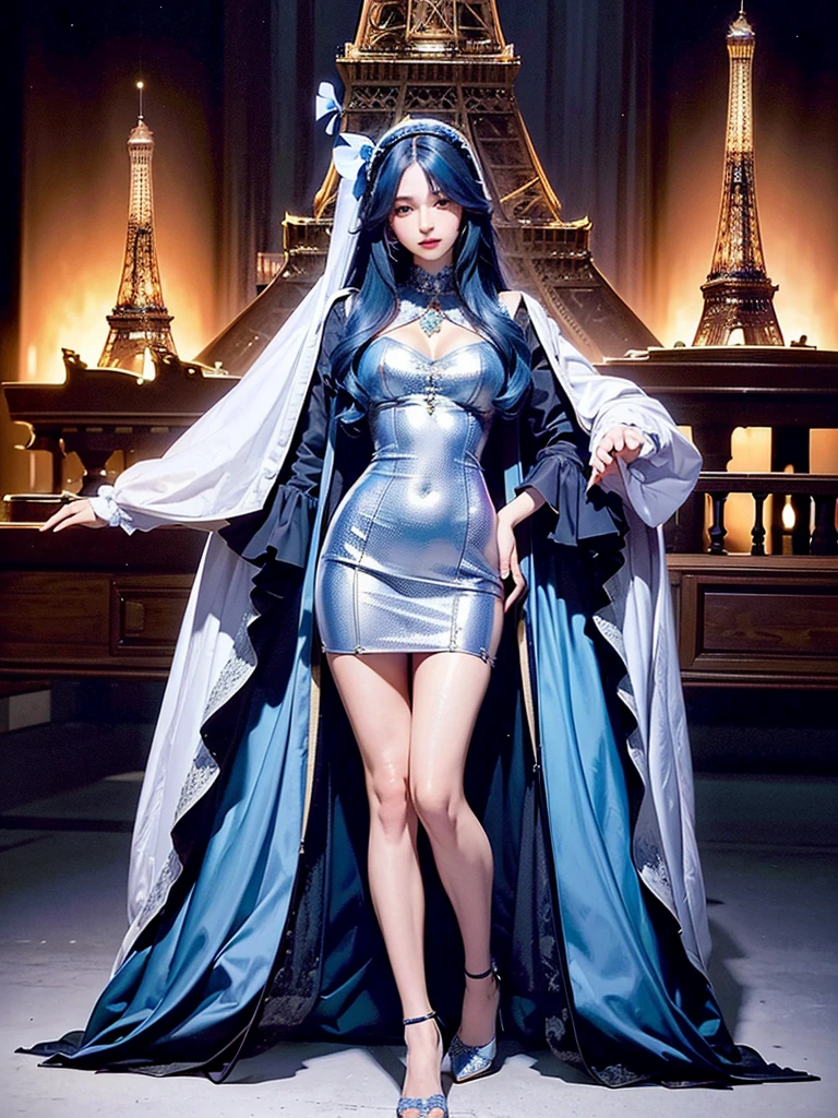 Masterpiece High resolution Highest quality Fractal art Eiffel Tower and a beautiful girl with long blue hair Stylish clothes and heels Older sister Fantasy art