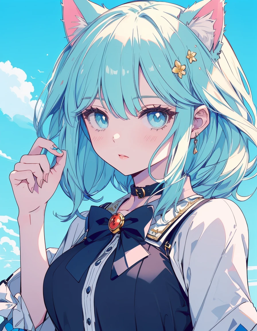 entertainment, amusement, golden clothed, sunshine, ((masterpiece, best quality:1.5)), ((Beautiful detailed cat aqua eyes:1.2)), cat ears, pale skin, medium breasts, beautiful hands, beautiful fingers, EasyNegative