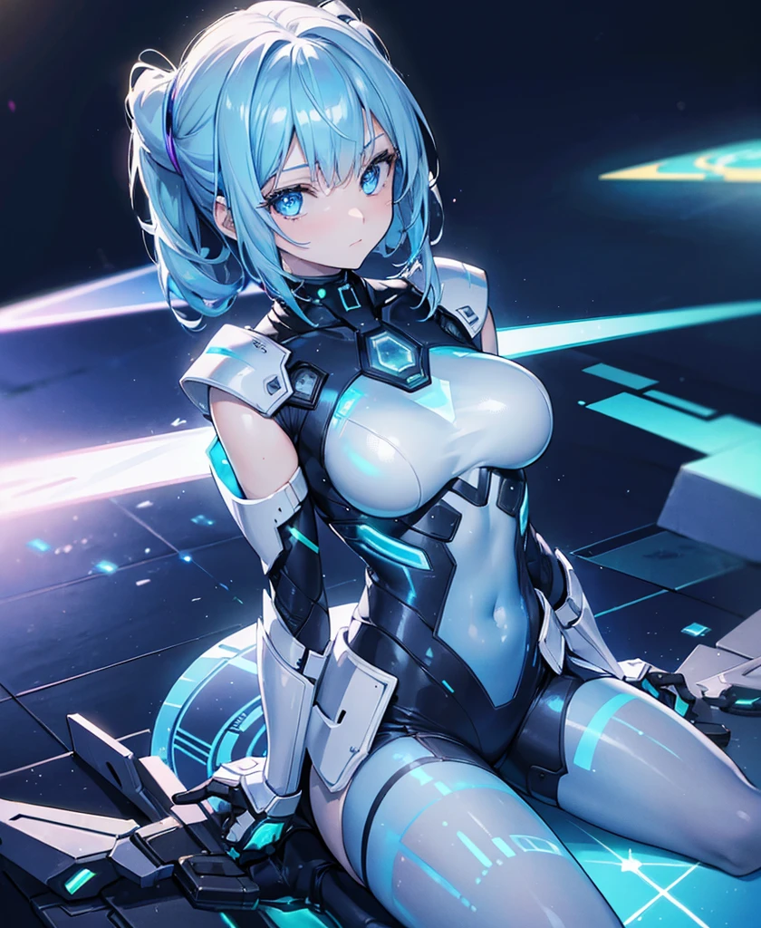 ((Holographic glow effect)),8k, Highest quality, (real:1.4), Original photo, 1 girl, Asari Hair, Biological Amplifier, refined armor, posture: Peace talks between warring factions, smart blue eyes,whole body