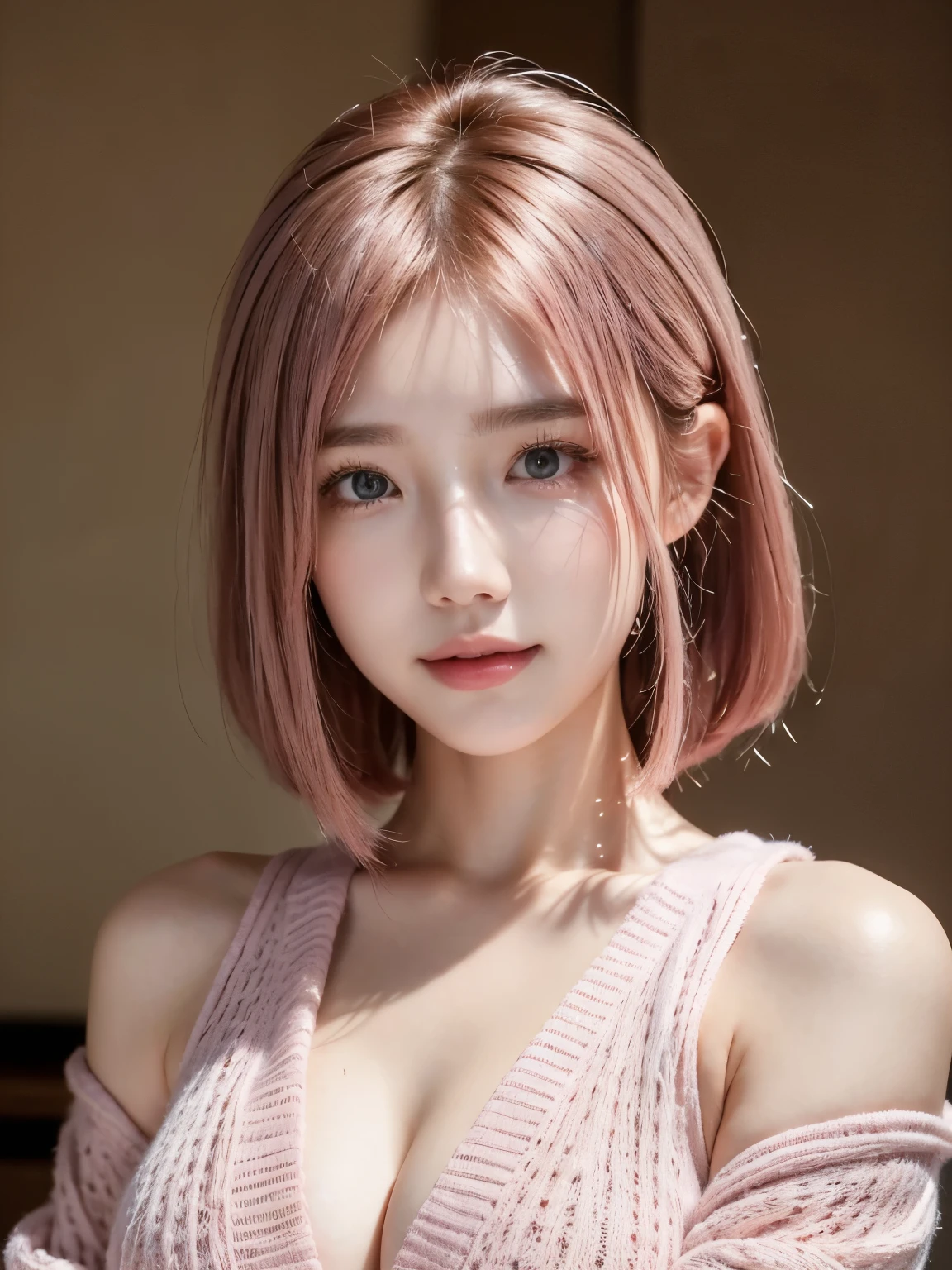 (masterpiece:1.3), (8k, Photorealistic, RAW Photos, Best image quality: 1.4), 20-year-old、(Random Hairstyles:1.2)、Cleavage:1.2、Super detailed face、Attention to detail、double eyelid、Put your chest together、Beautiful woman:1.4、Pink Hair、Highest quality、masterpiece、Ultra-high resolution、(Photorealistic:1.4)、Highly detailed and professionally lit smile、Loose, lightweight knitwear、Shoulder out、thin、Serious expression、Short-haired、Deadly position、Pink Hair、Beautiful Face、Well-formed face、Lip gloss、