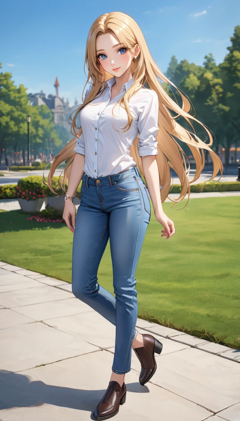 ((best quality, masterpiece:1.3, 8K)), (detailed), highly detailed face and skin texture, detailed eyes, full body, outdoor, (slender body:1.1), 1girl, (solo), (18+ years old), white skin, bright lips, seductive smile, long hair, forehead, blonde hair, straight hair, classic outfit, medium breast, (jeans pants),