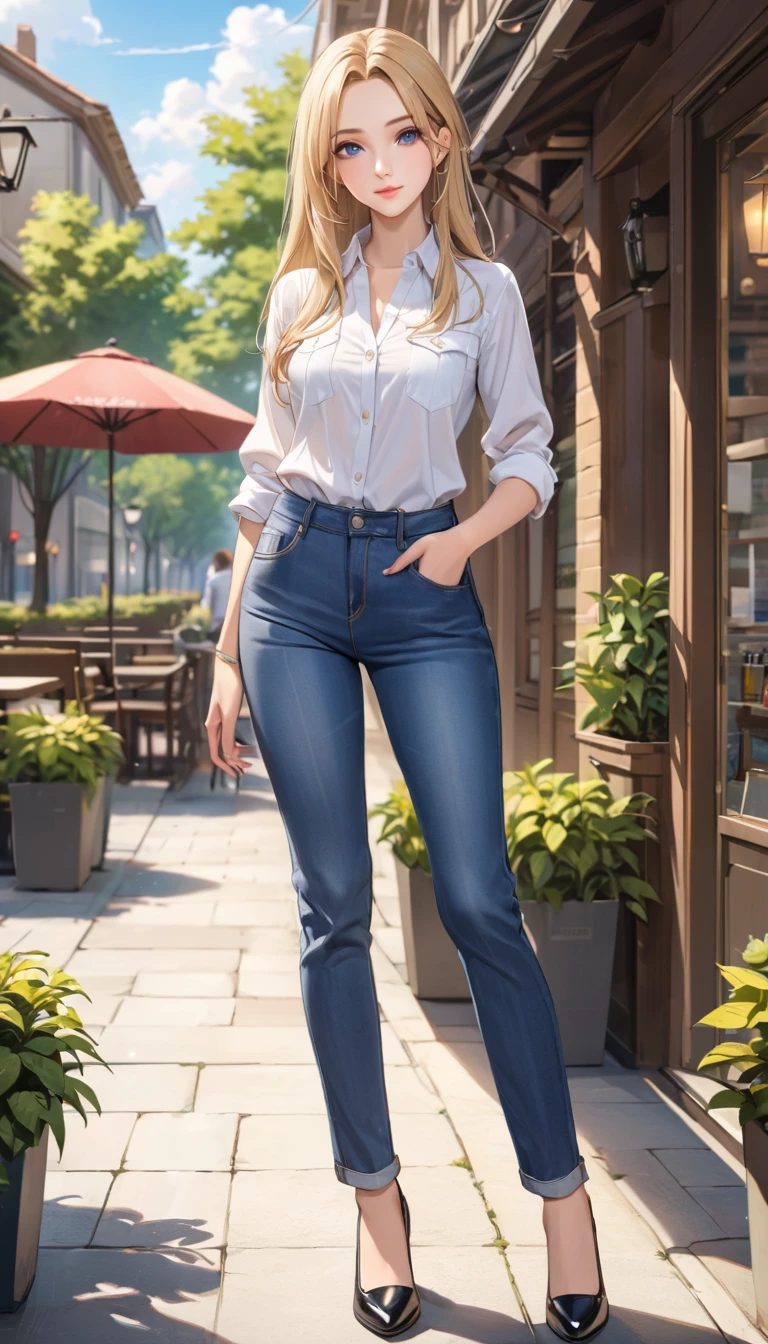 ((best quality, masterpiece:1.3, 8K)), (detailed), highly detailed face and skin texture, detailed eyes, full body, outdoor, (slender body:1.1), 1girl, (solo), (18+ years old), white skin, bright lips, seductive smile, long hair, forehead, blonde hair, straight hair, classic outfit, medium breast, (jeans pants),