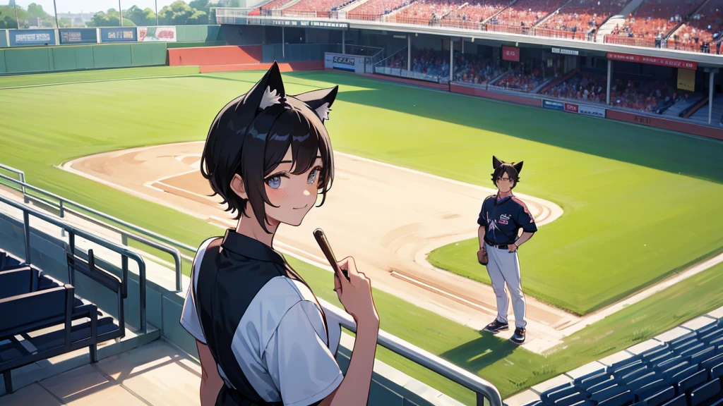 Spectator seats at an outdoor baseball stadium in midsummer。A shot of a couple of men and women standing side by side wearing baseball uniforms。The man is tall and handsome with dark hair.。The woman is short and cute, with short black hair and cat ears.。Both of them are smiling and posing cutely.。