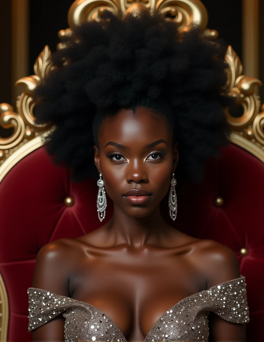 (a frontal view), (camera facing the subject), (((A very beautiful black african queen))), Charmante femme afro-américaine, (((femme noire))), (((cheveux bouclés))), (((peau très foncée))), (((busty femme noires))), (((fille boxum))), (((gros pressés ensemble))), (((Maquillage doré))), on a diamond throne made of diamond, intricate details, dramatic lighting, hyperrealism, photorealistic, cinematic, 8k sharp focus, style expressive, frontal view, camera facing the subject