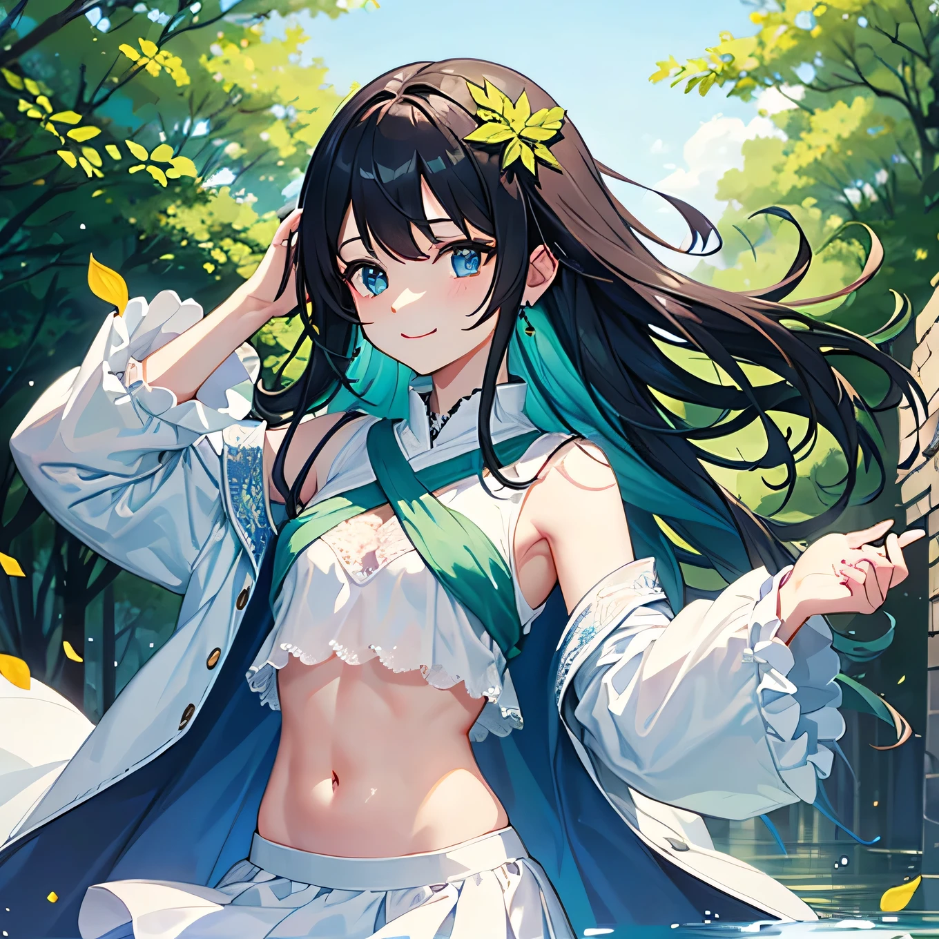 (master masterpiece、bestquality、bestquality、Official Art、Beautiful and aesthetic:1.2),Sleeveless Girl, summer, Water droplets,detailed backgorund、nature、Arm up、smiles、cutest、Mysterious、Mystical background、butterflies、８age、