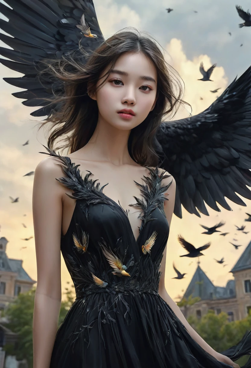 Rough surface, oil on canvas style, delicate face, upper body, a girl, a girl in a black dress, big bird wings, fluttering, surrounded by birds, extreme flow, night, super detailed, intricate, 32k uhd megapixels
best quality --iw 0.5 --q 2 - -s 750 - -two 2 5