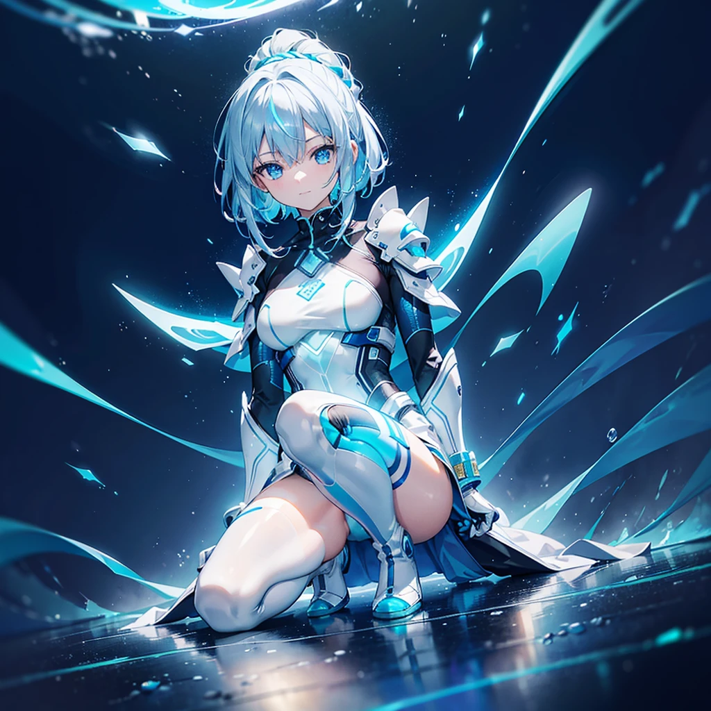 ((Holographic glow effect)),8k, Highest quality, (real:1.4), Original photo, 1 girl, Asari Hair, Biological Amplifier, Very sleek and futuristic armor, posture: Peace talks between warring factions,,attention arousal, smart blue eyes,A modest smile,Knee-high boots,Patent-look blue tights,Blue big moon and blue light swirl in the background,Blue light from behind,blue light magic,A small, glowing blue ball in the palm of your hand,Blue flame swirl,Blue Comet,Polished floor,