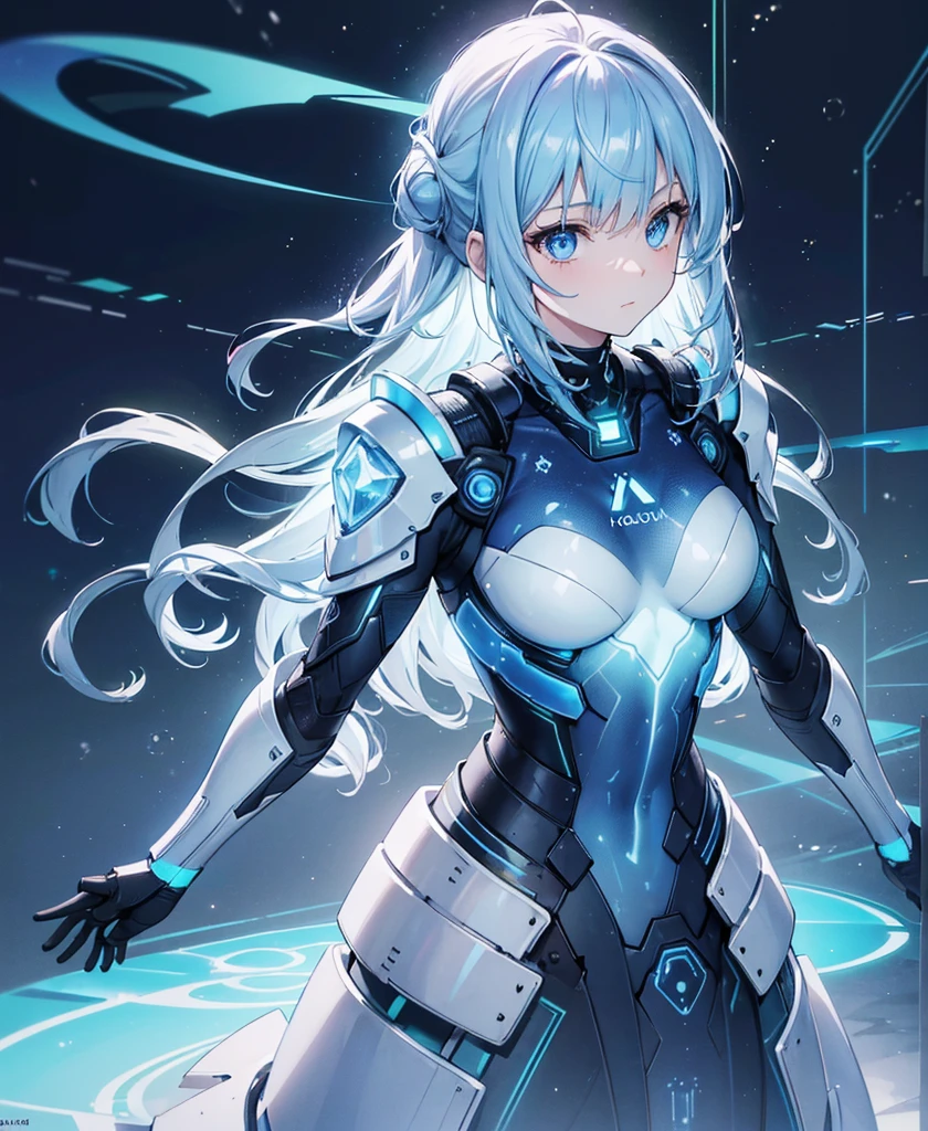 ((Holographic glow effect)),8k, Highest quality, (real:1.4), Original photo, 1 girl, Asari Hair, Biological Amplifier, refined armor, posture: Peace talks between warring factions, smart blue eyes,whole body