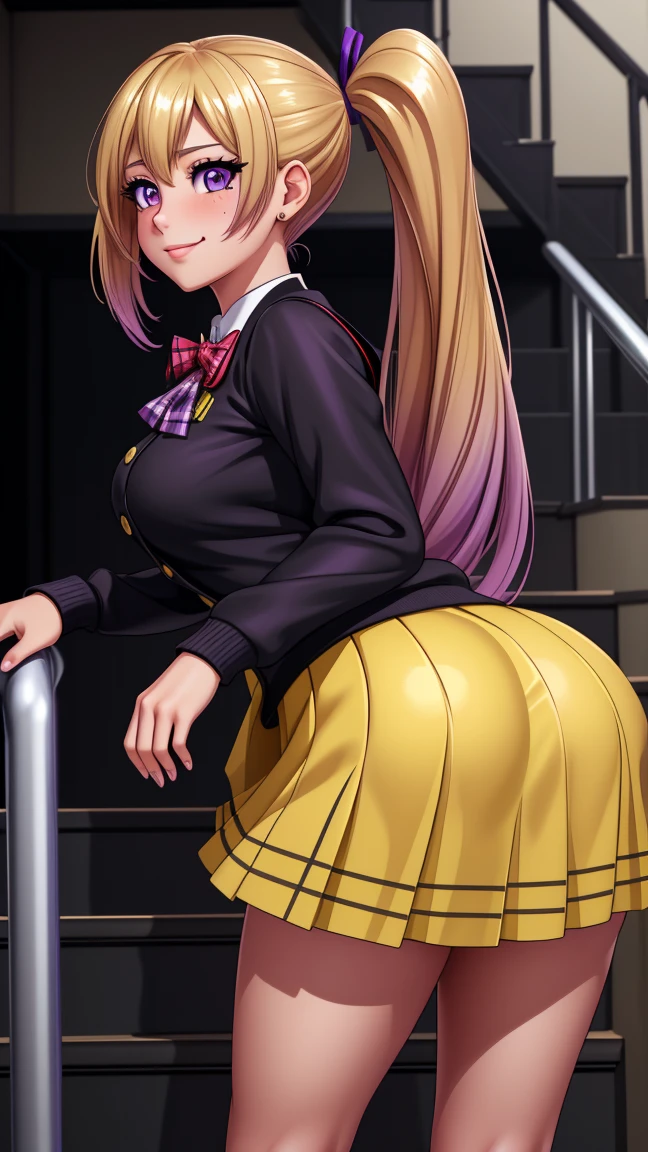 ((mesa, Best Quality, High resolution, NffSW, pixel perfect, 4k, NffSW, NffSW))), 1 girl in, single, from Kawakami, Blonde hair, hair ribbon, long hair, mole, mole under eye, ribbon, side ponytail, (purple eyes:1.2) Alone, beauty、full body seen、dark skin, ((Long shiny straight hair, hits, bright blonde hair, side ponytail)), ((with purple eyes, Beautiful eyelashes, realistic eyes)), ((detailed face, blush:1.2)), ((Smooth texture:0.75, realistic texture:0.65, photorealistic:1.1, cg anime style)), big breasts, dynamic angle, perfect body, ((red bow tie, School uniform, black jacket, open jacket, brown cardigan, yellow shirt, black skirt, plaid skirts)), city staircase、Looking up from the bottom of the stairs.、Very embarrassing panic smile., turned around、bending forward、Touch the buttocks with both hands、round butt tits, perfect curves.