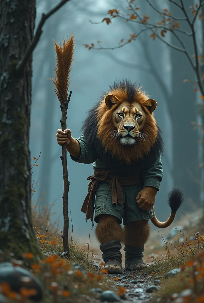 A young druid with a wood simple club rinding a lion in a cold forest


