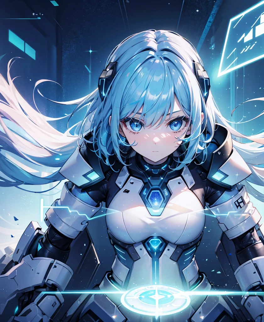 ((Holographic glow effect)),8k, Highest quality, (real:1.4), Original photo, 1 girl, Asari Hair, Biological Amplifier, refined armor, posture: Peace talks between warring factions, smart blue eyes,whole body