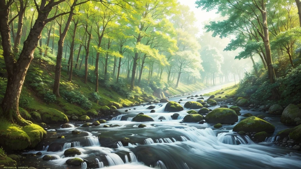 river stream and nature with the sun shining in the distance in the uk. The setting has a sunny and a bright atmosphere, with soft lighting casting a gentle glow on the surroundings. anime style
