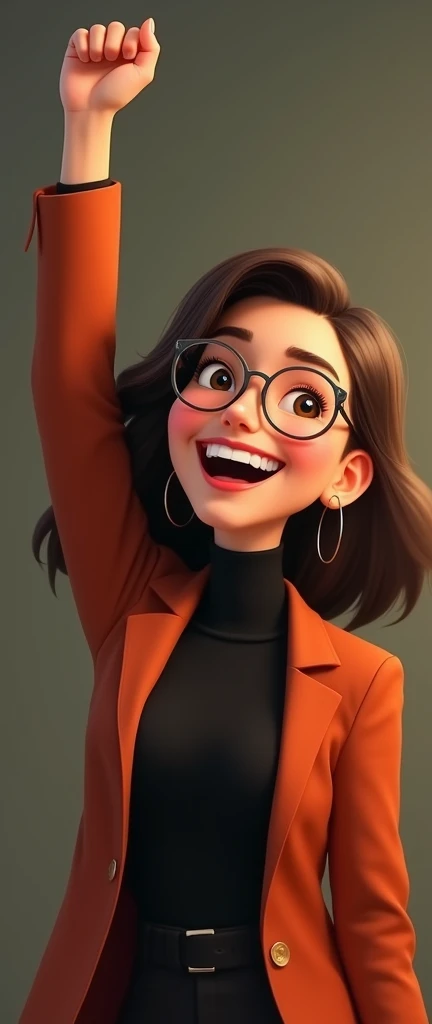((best quality)), ((masterpiece)), (detailed), perfect face
Mulher, white, ((gorda)), Wearing clear frame glasses, medium length dark blonde hair, with a wide smile on your face. Wearing black clothing with a terracotta blazer. Raising the left arm as a symbol of resistance and the right hand resting on the chest as a sign of respect. Not CARTOON PIXAR style