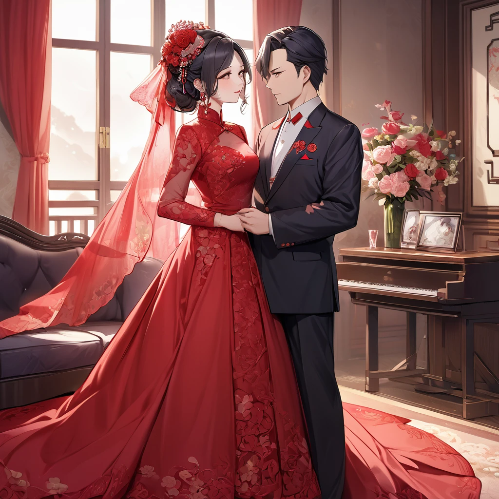 ((Highest quality)), ((masterpiece)), (detailed), (Perfect Face)、The woman is a Chinese woman named Kocho Shinobu.。, Purple gradient bob black hair and formal evening hairstyles. She is wearing an engagement ring. She is a prominent member of the Chinese Communist Party.、She is the honored wife of a great old Communist Party cadre.、The woman is beautifully dressed in a gorgeous red wedding dress and red wedding veil, typical of the Chinese Communist Party.、An elegant Chinese lady in a posh room、A woman is a wonderful Chinese lady who loves and devotes herself to her husband, a good wife and mother, and the supreme joy of serving her husband and China is the absolutism of the Chinese Communist Party.