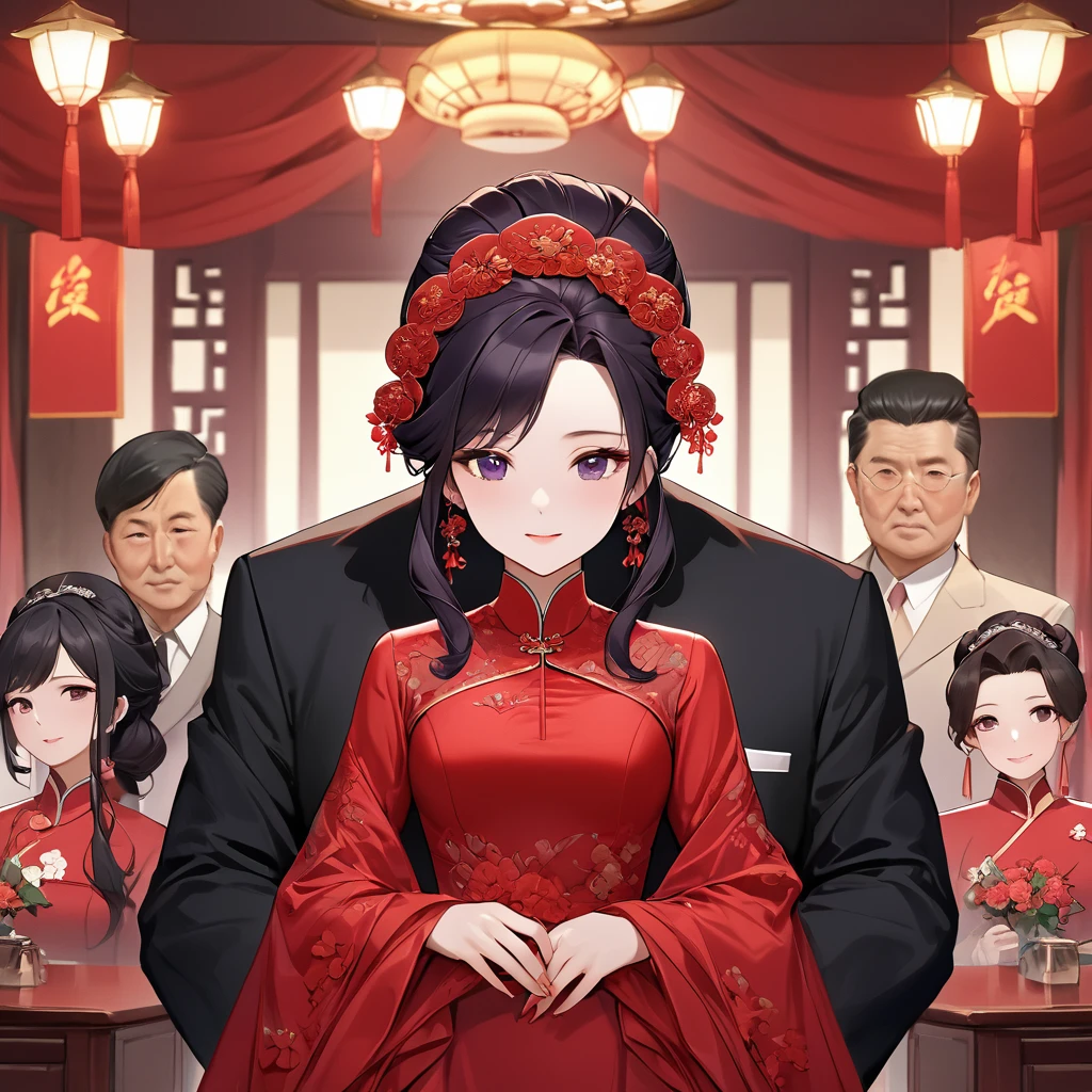 ((Highest quality)), ((masterpiece)), (detailed), (Perfect Face)、The woman is a Chinese woman named Kocho Shinobu.。, Purple gradient bob black hair and formal evening hairstyles. She is wearing an engagement ring. She is a prominent member of the Chinese Communist Party.、She is the honored wife of a great old Communist Party cadre.、The woman is beautifully dressed in a gorgeous red wedding dress and red wedding veil, typical of the Chinese Communist Party.、An elegant Chinese lady in a posh room、A woman is a wonderful Chinese lady who loves and devotes herself to her husband, a good wife and mother, and the supreme joy of serving her husband and China is the absolutism of the Chinese Communist Party.