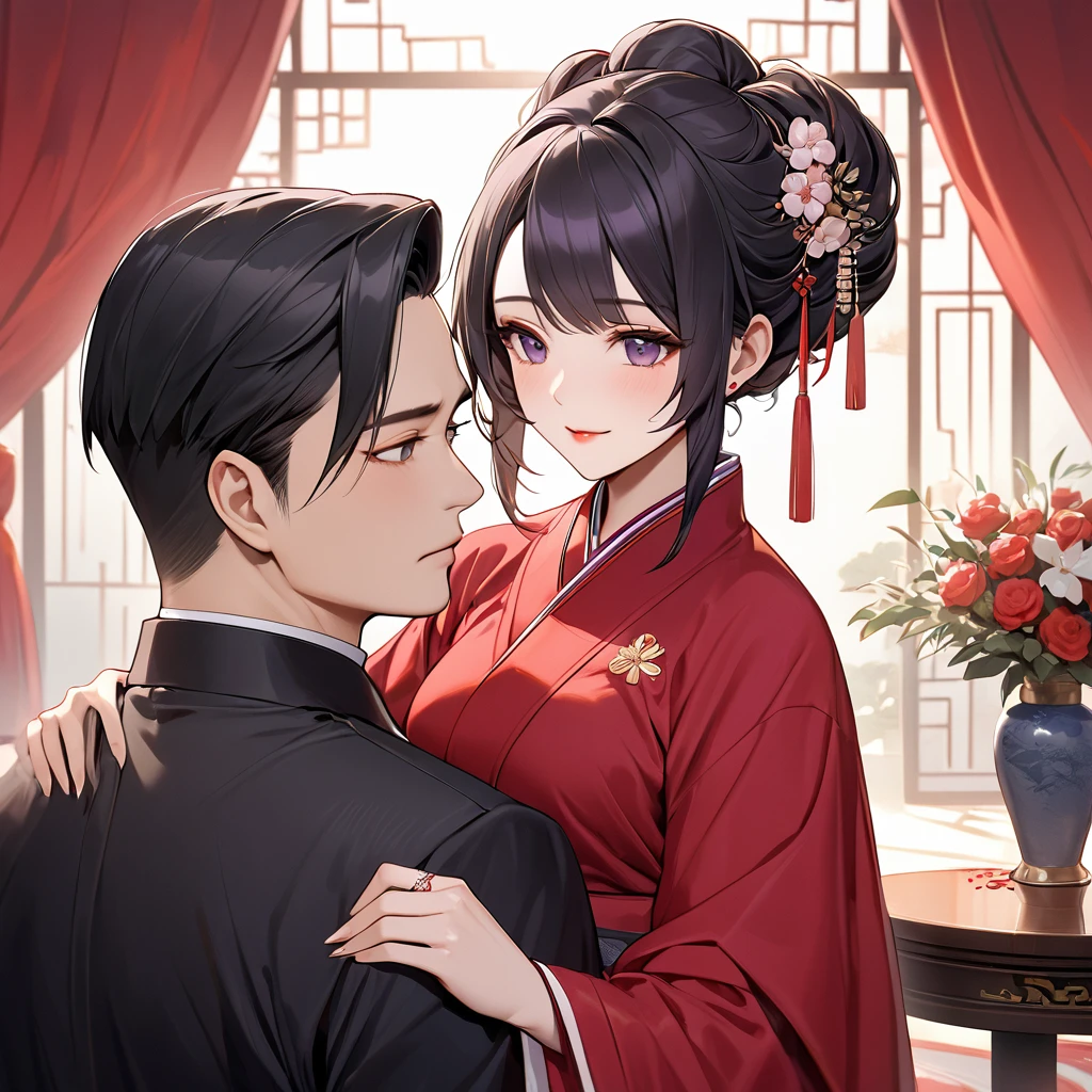 ((Highest quality)), ((masterpiece)), (detailed), （Perfect Face）、The woman is a Chinese woman named Kocho Shinobu.。, Purple gradient bob black hair and formal evening hairstyles. She is wearing an engagement ring. She is a prominent member of the Chinese Communist Party.、She is the honored wife of a great old Communist Party cadre.、The woman is beautifully dressed in the gorgeous and gorgeous red Hanfu that is typical of the Chinese Communist Party.、An elegant Chinese lady in a posh room、A woman is a wonderful Chinese lady who loves and devotes herself to her husband, a good wife and mother, and the supreme joy of serving her husband and China is the absolutism of the Chinese Communist Party.