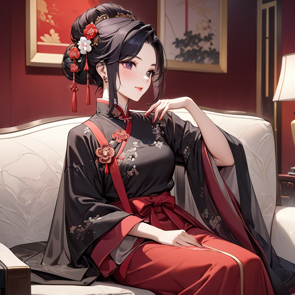 ((Highest quality)), ((masterpiece)), (detailed), （Perfect Face）、The woman is a Chinese woman named Kocho Shinobu.。, Purple gradient bob black hair and formal evening hairstyles. She is wearing an engagement ring. She is a prominent member of the Chinese Communist Party.、She is the honored wife of a great old Communist Party cadre.、The woman is beautifully dressed in the gorgeous and gorgeous red Hanfu that is typical of the Chinese Communist Party.、An elegant Chinese lady in a posh room、A woman is a wonderful Chinese lady who loves and devotes herself to her husband, a good wife and mother, and the supreme joy of serving her husband and China is the absolutism of the Chinese Communist Party.