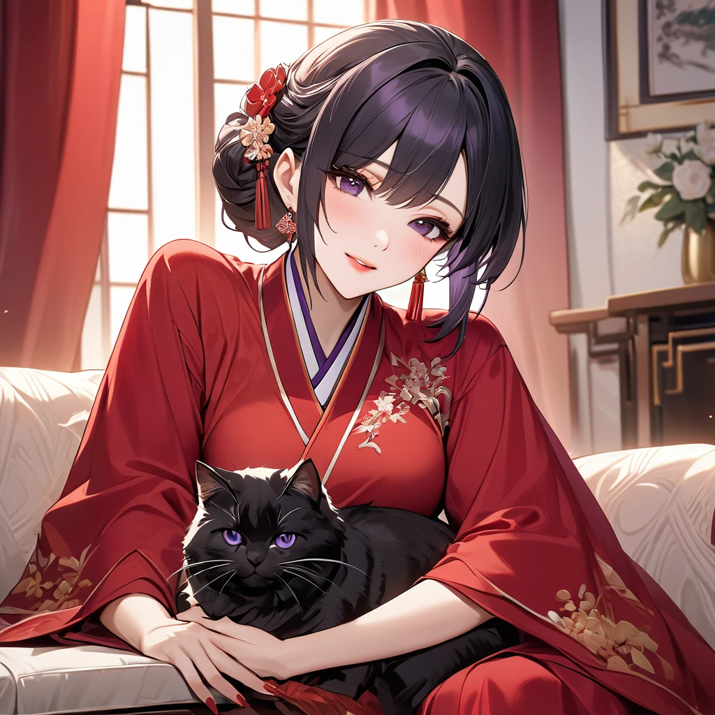 ((Highest quality)), ((masterpiece)), (detailed), （Perfect Face）、The woman is a Chinese woman named Kocho Shinobu.。, Purple gradient bob black hair and formal evening hairstyles. She is wearing an engagement ring. She is a prominent member of the Chinese Communist Party.、She is the honored wife of a great old Communist Party cadre.、The woman is beautifully dressed in the gorgeous and gorgeous red Hanfu that is typical of the Chinese Communist Party.、An elegant Chinese lady in a posh room、A woman is a wonderful Chinese lady who loves and devotes herself to her husband, a good wife and mother, and the supreme joy of serving her husband and China is the absolutism of the Chinese Communist Party.