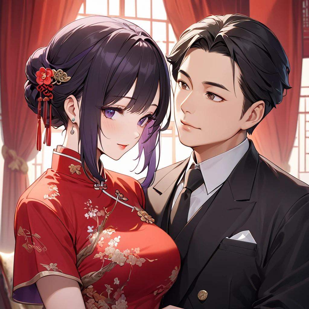 ((Highest quality)), ((masterpiece)), (detailed), (Perfect Face)、The woman is a Chinese woman named Kocho Shinobu.。, Purple gradient bob black hair and formal evening hairstyles. She is wearing an engagement ring. She is a prominent member of the Chinese Communist Party.、She is the honored wife of a great old Communist Party cadre.、The woman is beautifully dressed in a gorgeous and glamorous vintage red cheongsam, typical of the Chinese Communist Party.、An elegant Chinese lady in a posh room、A woman is a wonderful Chinese lady who loves and devotes herself to her husband, a good wife and mother, and the supreme joy of serving her husband and China is the absolutism of the Chinese Communist Party.
