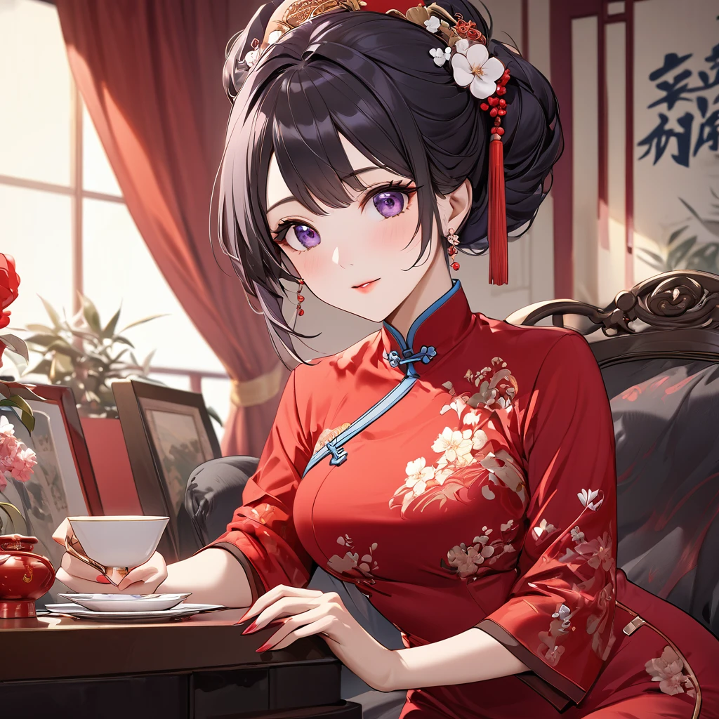 ((Highest quality)), ((masterpiece)), (detailed), (Perfect Face)、The woman is a Chinese woman named Kocho Shinobu.。, Purple gradient bob black hair and formal evening hairstyles. She is wearing an engagement ring. She is a prominent member of the Chinese Communist Party.、She is the honored wife of a great old Communist Party cadre.、The woman is beautifully dressed in a gorgeous and glamorous vintage red cheongsam, typical of the Chinese Communist Party.、An elegant Chinese lady in a posh room、A woman is a wonderful Chinese lady who loves and devotes herself to her husband, a good wife and mother, and the supreme joy of serving her husband and China is the absolutism of the Chinese Communist Party.