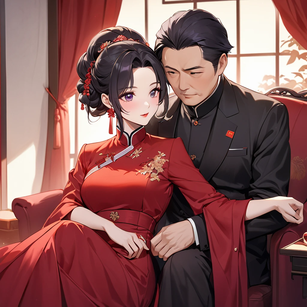 ((Highest quality)), ((masterpiece)), (detailed), (Perfect Face)、The woman is a Chinese woman named Kocho Shinobu.。, Purple gradient bob black hair and formal evening hairstyles. She is wearing an engagement ring. She is a prominent member of the Chinese Communist Party.、She is the honored wife of a great old Communist Party cadre.、The woman is beautifully dressed in a gorgeous and glamorous vintage red dress typical of the Chinese Communist Party.、An elegant Chinese lady in a posh room、A woman is a wonderful Chinese lady who loves and devotes herself to her husband, a good wife and mother, and the supreme joy of serving her husband and China is the absolutism of the Chinese Communist Party.