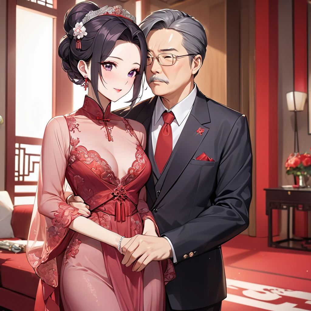 ((Highest quality)), ((masterpiece)), (detailed), （Perfect Face）、The woman is a Chinese woman named Kocho Shinobu.。, Purple gradient bob black hair and formal evening hairstyles. She is wearing an engagement ring. She is a prominent member of the Chinese Communist Party.、She is the honored wife of a great old Communist Party cadre.、The woman is beautifully dressed in a gorgeous, glamorous red see-through nightgown typical of the Chinese Communist Party.、An elegant Chinese lady in a posh room、A woman is a wonderful Chinese lady who loves and devotes herself to her husband, a good wife and mother, and the supreme joy of serving her husband and China is the absolutism of the Chinese Communist Party.