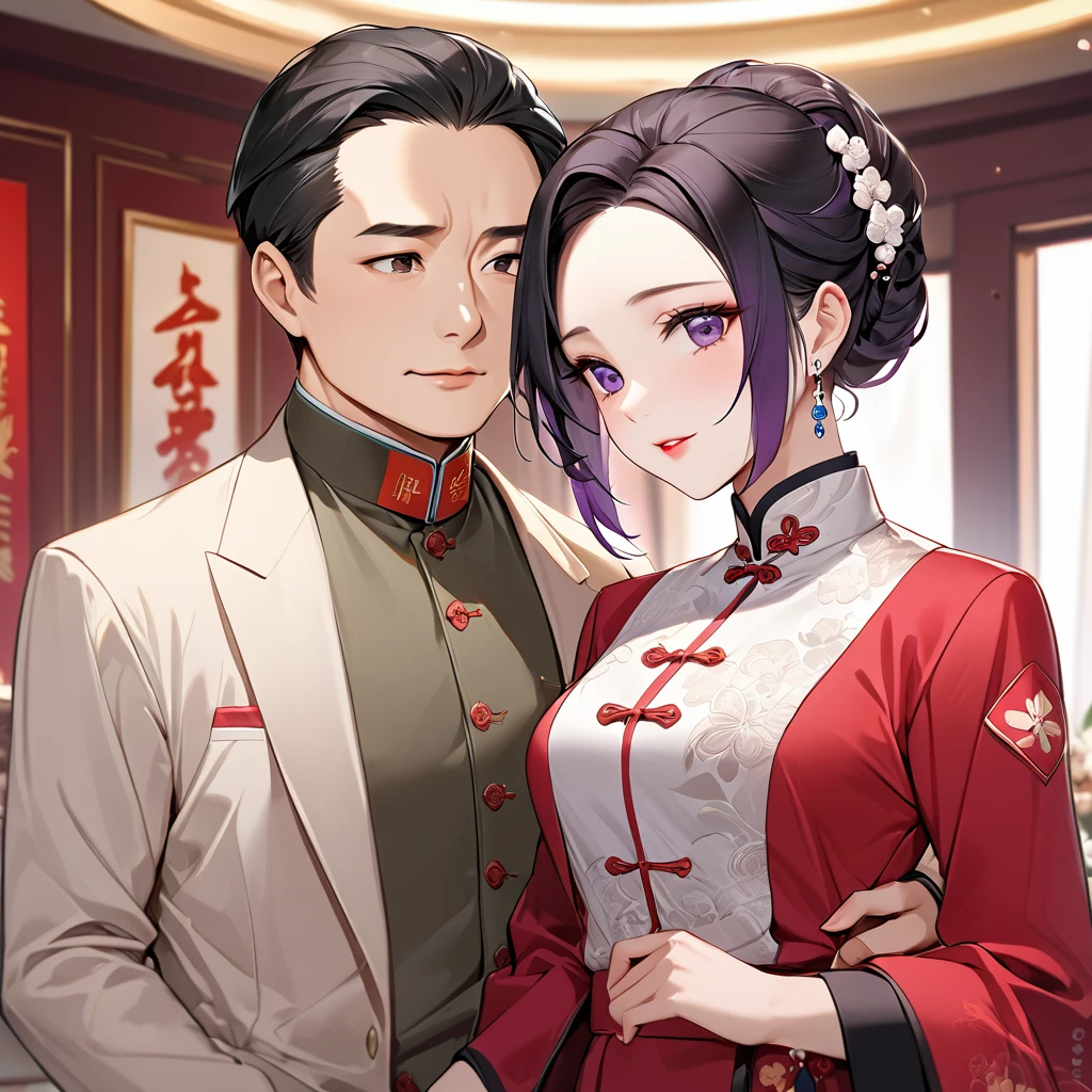((Highest quality)), ((masterpiece)), (detailed), （Perfect Face）、The woman is a Chinese woman named Kocho Shinobu.。, Purple gradient bob black hair and formal evening hairstyles. She is wearing an engagement ring. She is a prominent member of the Chinese Communist Party.、She is the honored wife of a great old Communist Party cadre.、Women are beautifully dressed in the khaki Mao suits of the Chinese Communist Party、An elegant Chinese lady in a posh room、A woman is a wonderful Chinese lady who loves and devotes herself to her husband, a good wife and mother, and the supreme joy of serving her husband and China is the absolutism of the Chinese Communist Party.