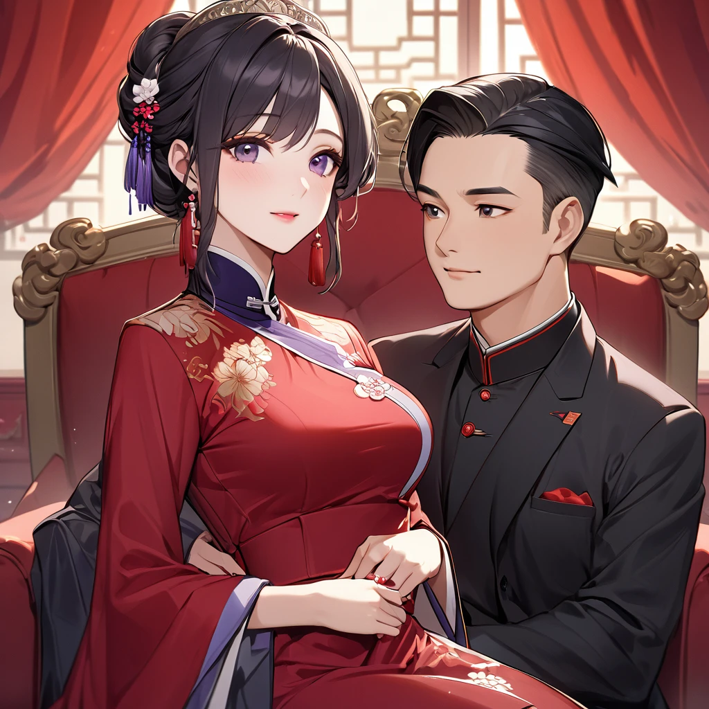 ((Highest quality)), ((masterpiece)), (detailed), (Perfect Face)、The woman is a Chinese woman named Kocho Shinobu.。, Purple gradient bob black hair and formal evening hairstyles. She is wearing an engagement ring. She is a prominent member of the Chinese Communist Party.、She is the honored wife of a great old Communist Party cadre.、The woman is beautifully dressed in a gorgeous red formal suit, typical of the Chinese Communist Party.、An elegant Chinese lady in a posh room、A woman is a wonderful Chinese lady who loves and devotes herself to her husband, a good wife and mother, and the supreme joy of serving her husband and China is the absolutism of the Chinese Communist Party.
