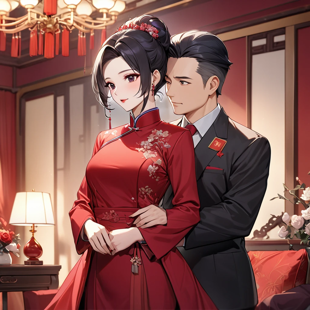 ((Highest quality)), ((masterpiece)), (detailed), (Perfect Face)、The woman is a Chinese woman named Kocho Shinobu.。, Purple gradient bob black hair and formal evening hairstyles. She is wearing an engagement ring. She is a prominent member of the Chinese Communist Party.、She is the honored wife of a great old Communist Party cadre.、The woman is beautifully dressed in a gorgeous red formal suit, typical of the Chinese Communist Party.、An elegant Chinese lady in a posh room、A woman is a wonderful Chinese lady who loves and devotes herself to her husband, a good wife and mother, and the supreme joy of serving her husband and China is the absolutism of the Chinese Communist Party.